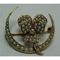 Victorian seed pearl and diamond pin, 14K gol