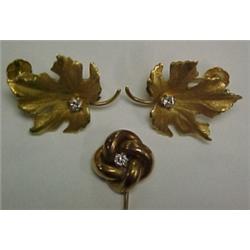 14K diamond earrings and stick pin, maple lea