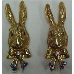 Pair of 14K gold and gemstone rabbit clips, c