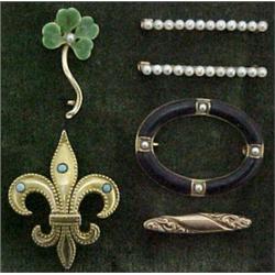 Five gold Victorian pins include Fleur de Lis