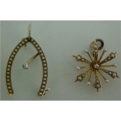 Two Victorian pearl and diamond pins include