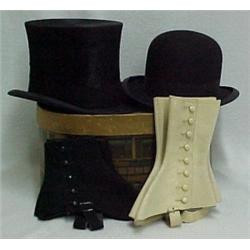 Top hat, bowler hat and two pair of spats, bl