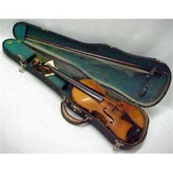 Violin and bow, violin measures 23 1/4", sign