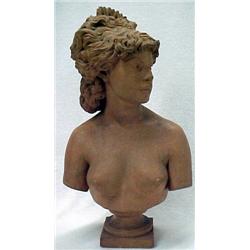 Redware sculpture, bust of woman, signed on b