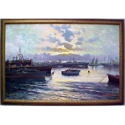T. Del Basso, framed oil on canvas, naval bat