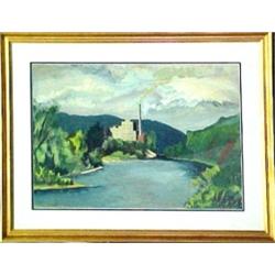Bruce Mitchell, framed gouache, river scene w