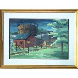 Bruce Mitchell, framed gouache, railroad trac