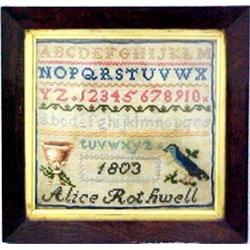 Needlework sampler, Alice Rothwell, dated 180