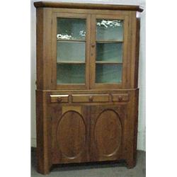 Poplar corner cupboard, two piece, overhangin
