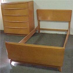 Heywood Wakefield single bed and tall chest,