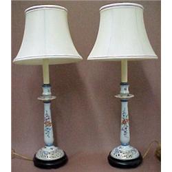 A pair of porcelain candlestick lamps, hand p
