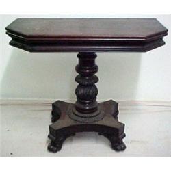 Mahogany game table, six sided hinged top, ac