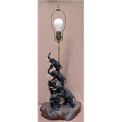 Spelter elephant lamp, five standing elephant
