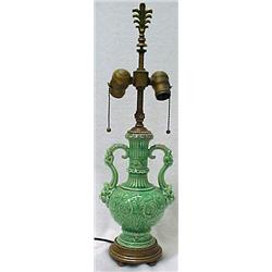 Ceramic pottery lamp, green glaze, handled ur