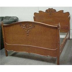 Oak double bed, applied decoration to headboa