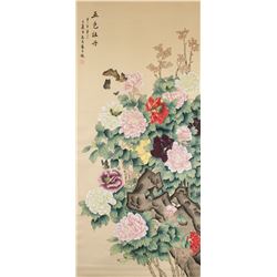 Zhiwen Chinese Watercolour Peony on Silk Scroll