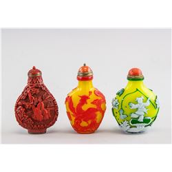 3 Assorted Chinese Glass and Lacquer Snuff Bottles