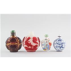 4 Assorted Chinese Glass & Porcelain Snuff Bottles