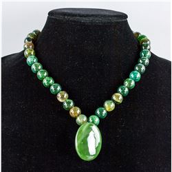 Chinese Green Hardstone Carved Pendant & Necklace