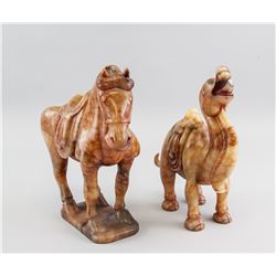 2 Chinese Red Hardstone Carved Horse and Camel