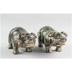 Pair Chinese Dark Green Stone Carved Pig