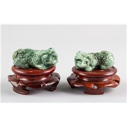 Pair Burma Green Jadeite Carved Guardian Lion