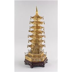 Chinese Gilt Wire Woven Pagoda with Wood Stand