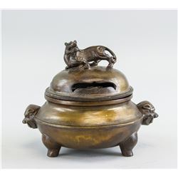 Chinese Bronze Tiger Tripod Censer with Xuande MK