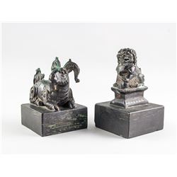 2 Chinese Bronze and Hardstone Ram and Lion Seals