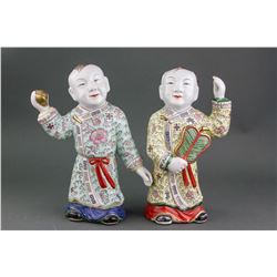 Pair Chinese Famille Rose Porcelain Boy Statue