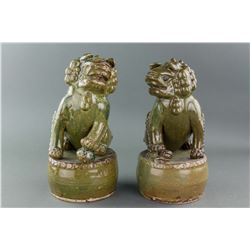 Pair Old Chinese Green Glaze Porcelain Lion Statue