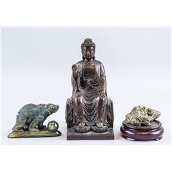 Sun Stone Bear & Bronze Buddha Statue & Mineral