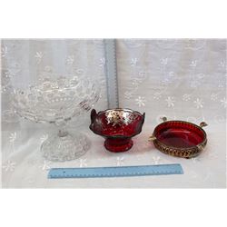 Lot OF Red Glass with Large Glass Candy Dish