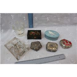 Lot OF Vintage Jewelry Boxes with Glass Measuring Cup and Glass Ink Well