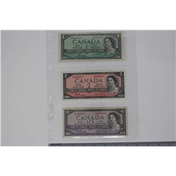 Lot of 3 1954 Canadian 1, 2, 10 Dollar Bank Notes