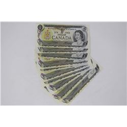 Lot of 10 1973 Uncirculated 1 Dollar Canadian Bank Notes