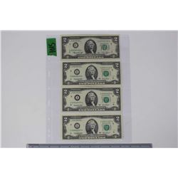 Lot of 4 1976 & 2003 A - 2 Dollar American Bank Notes