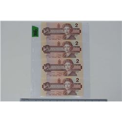 Lot of 4 1986 - 2 Dollar Canadian Bank Notes