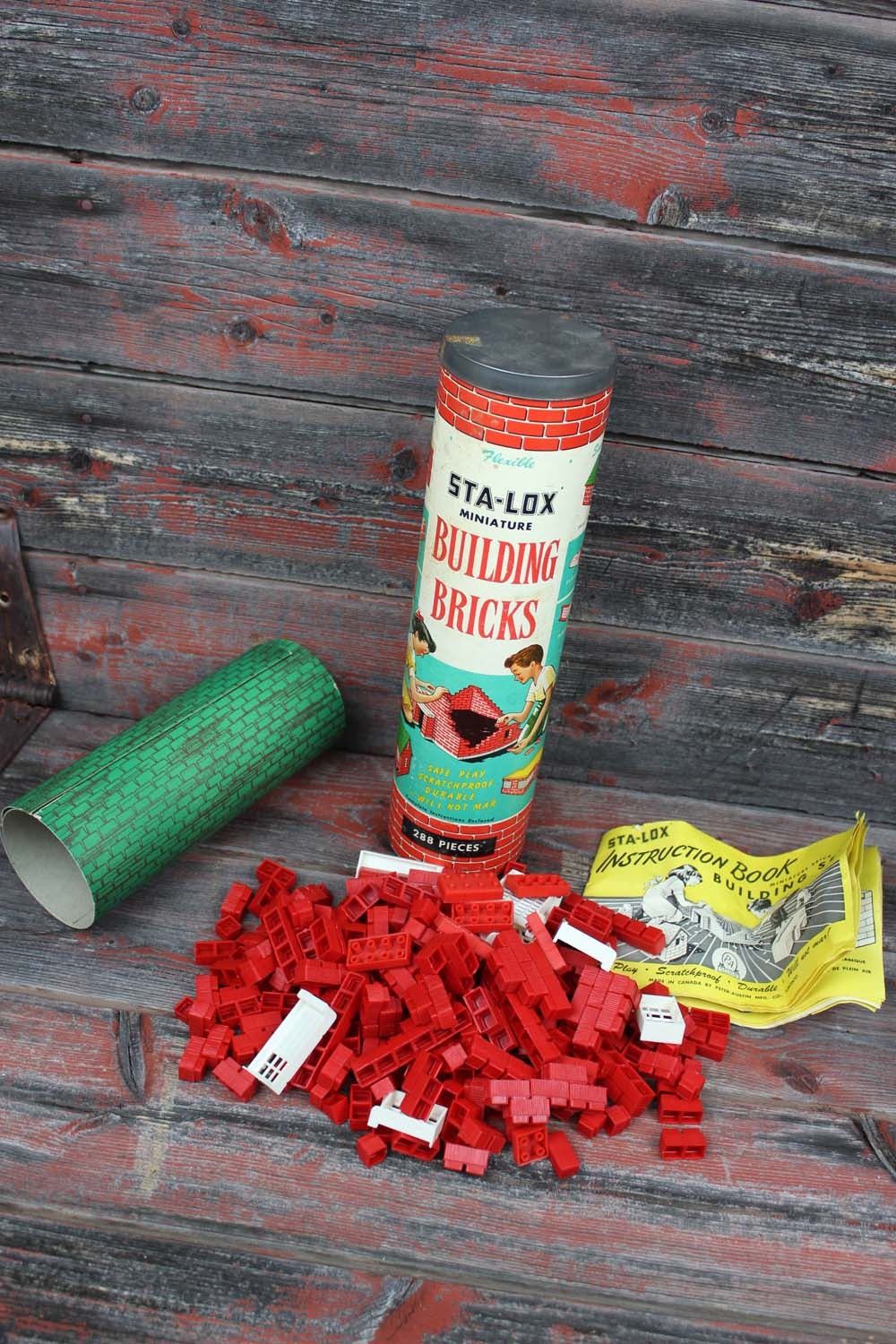 Vintage Sta-lox Brick Toy Tin Full With Instructions