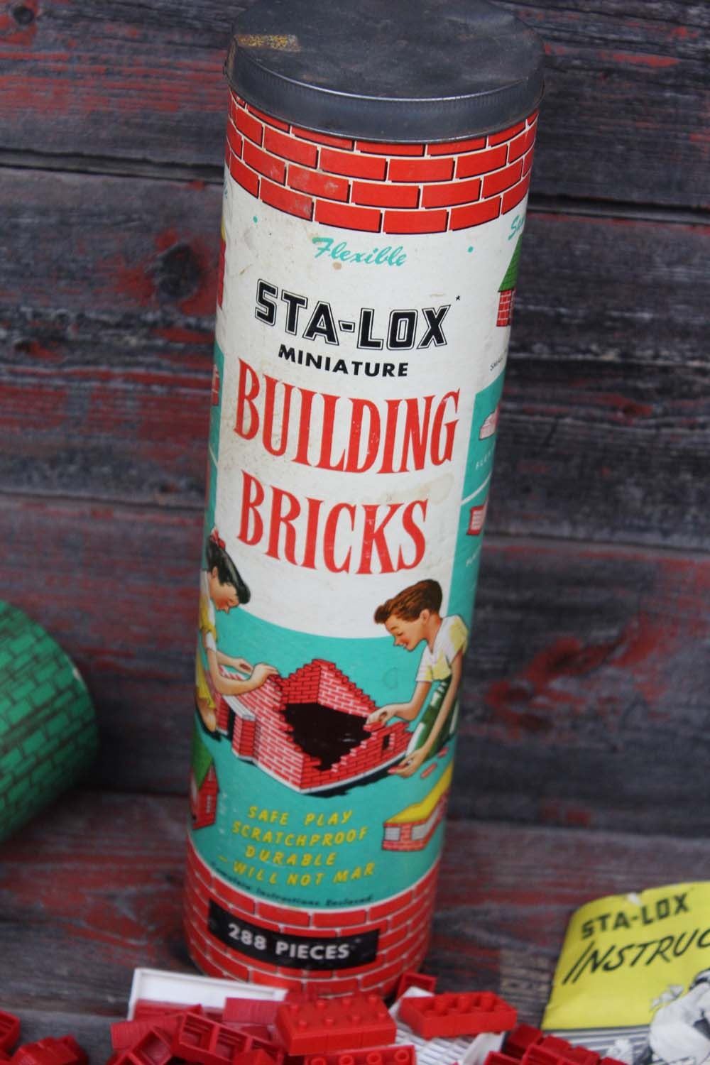 Vintage Sta-lox Brick Toy Tin Full With Instructions