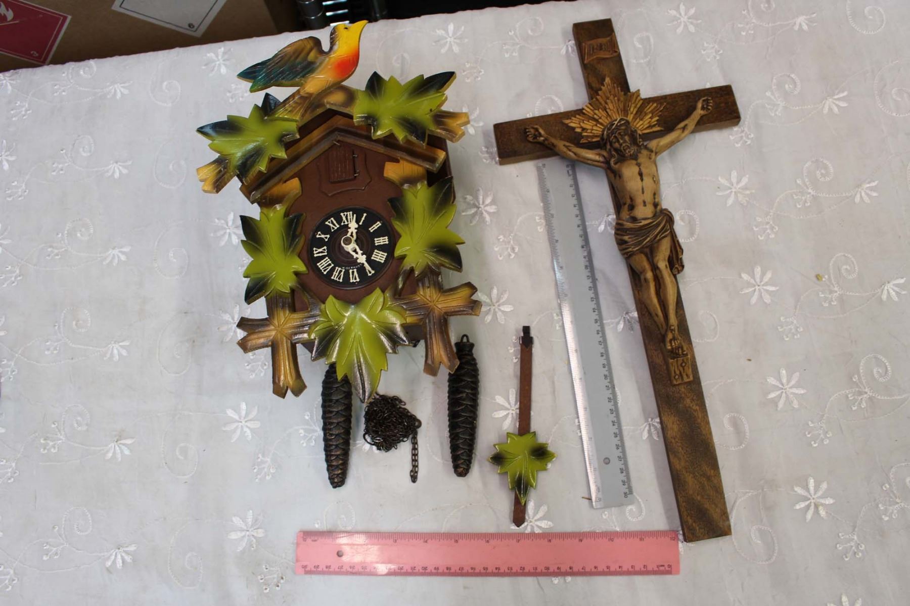 West Germany Wooden CuuCoo Clock W/ Wooden Jesus On Cross