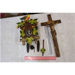 West Germany Wooden CuuCoo Clock W/ Wooden Jesus On Cross