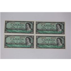 Set of 4 Sequential 1954 Canadian 1 Dollar Bank Notes