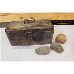 Vintage Tool Box w/Farm Tools, Pulleys, Draw Knives, Etc