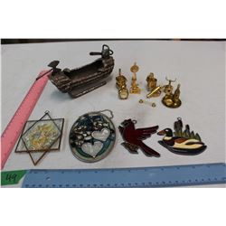 8 Brass Mini's, 4 Stained Glass Mini's and Metal Log Sled Statue
