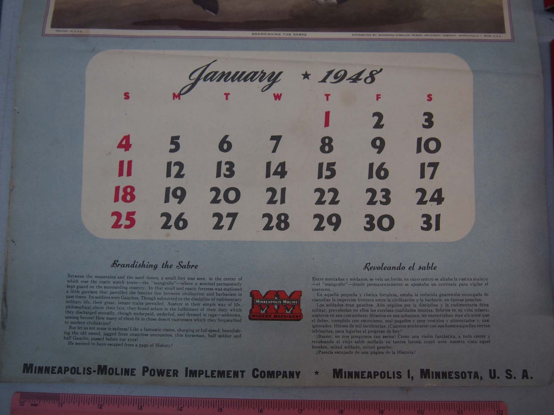 1948 MinneapolisMoline Co. Calendar A Vintage Williams