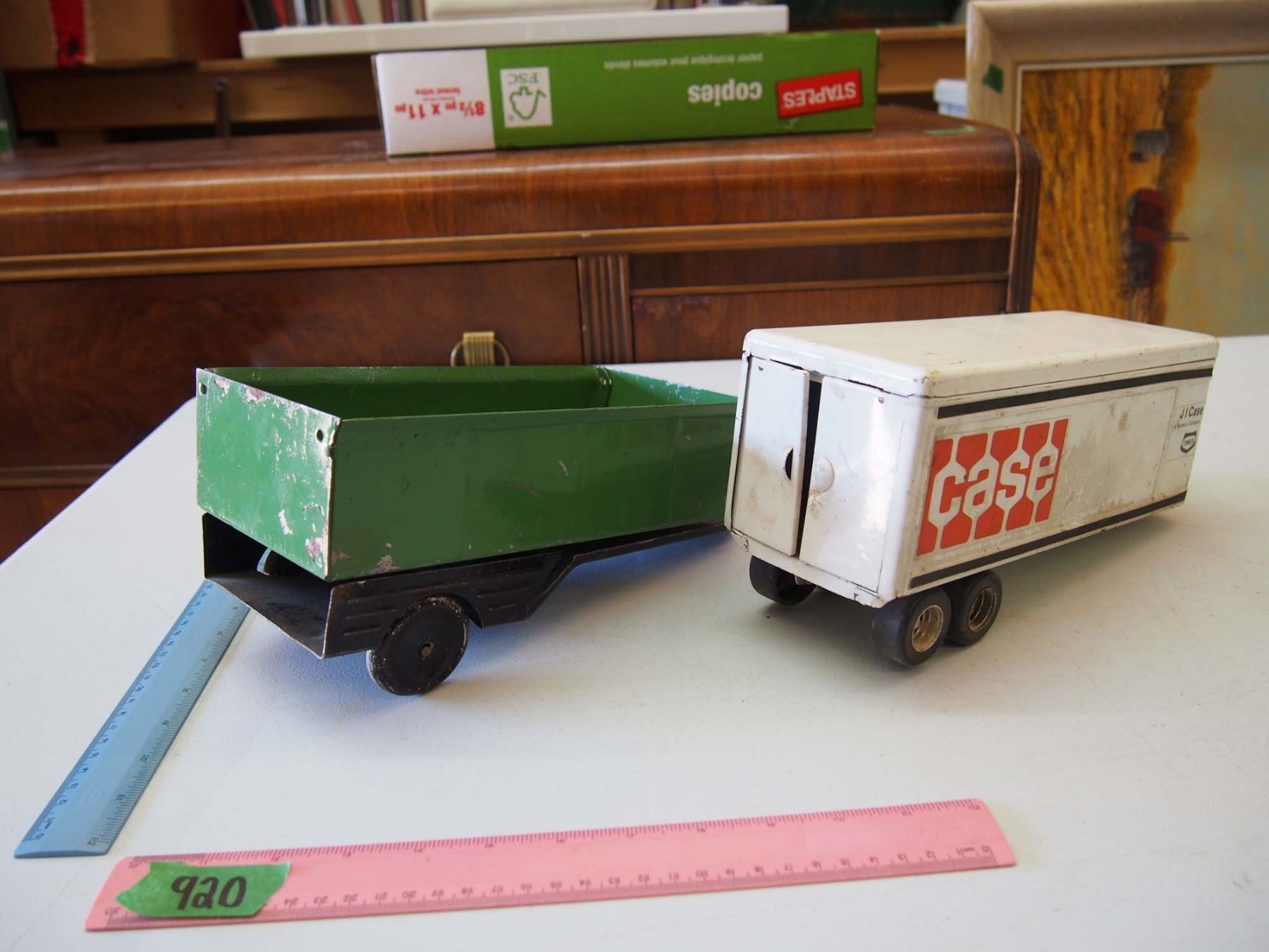 2 Tin Toy Truck Trailers (J I Case Tenneco Closed Trailer, Dump Truck
