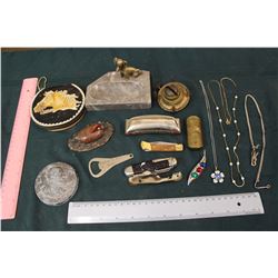 Lot of Vintage Misc: Harris Metal, Pocket Knives, Jewelry ,Etc