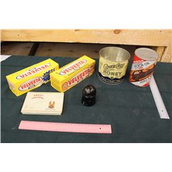 Lot of Vintage Advertising: Clover Crest Honey Tin, Honda Oil Tin, Tobacco Tin, Insulator Etc