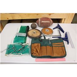 Lot of Sports Equipment and Apron (Table Tennis, Football, Discus, Shot Put)